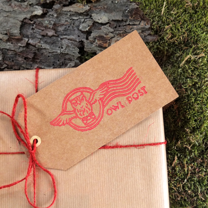 Owl post gift tag labels for mail or presents - colour red.